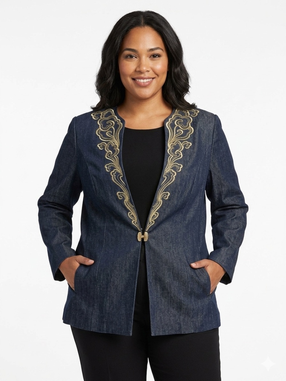 Champagne Dark Denim and Gold Blazer Womens size 14 with gold thread accents